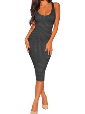 Women Dark Gray-a Scoop Neck Sleeveless Ribbed Knit Casual Bodycon Midi Dress